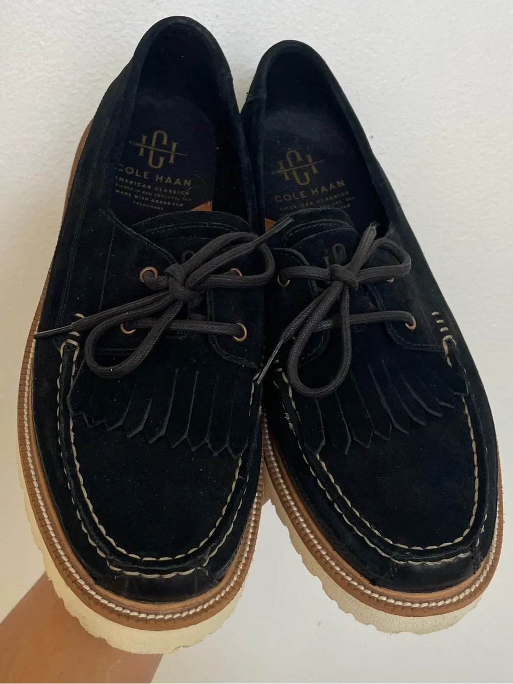 Cole Haan Black Suede Fringe Moccasin Boat Shoes with Contrast Sole